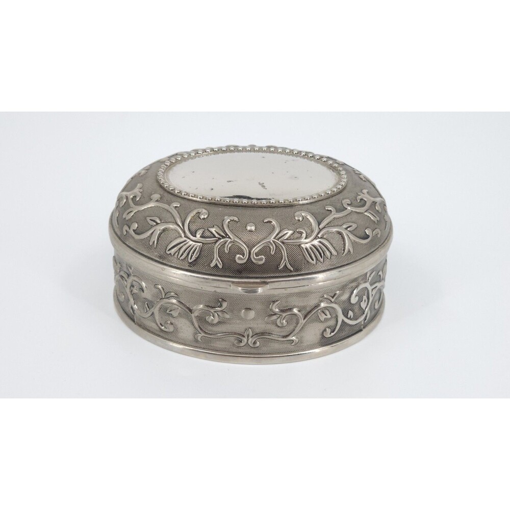 Vtg Silverplate Oval Trinket Box Black Velvet Lined Ornate Scroll Casket